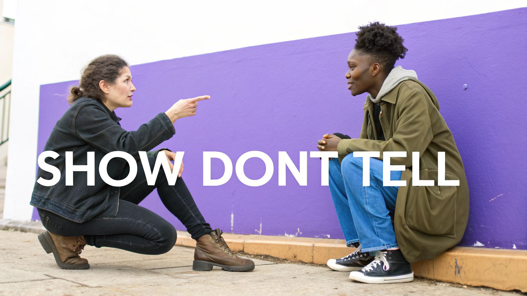 Two people discussing in front of a purple wall with 'SHOW DON'T TELL' text overlay.