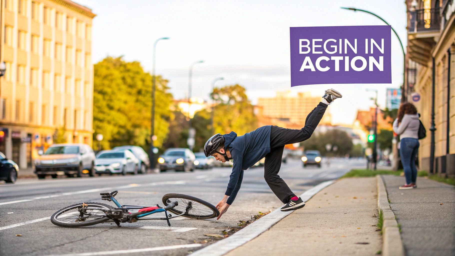 A person in a helmet falls off their bicycle onto a city sidewalk, with the text 'BEGIN IN ACTION' overhead.