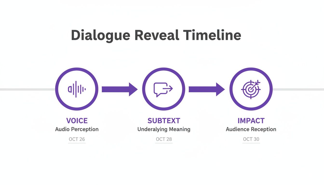 Dialogue Reveal Timeline visualizes Voice, Subtext, and Impact stages from October 26 to 30.