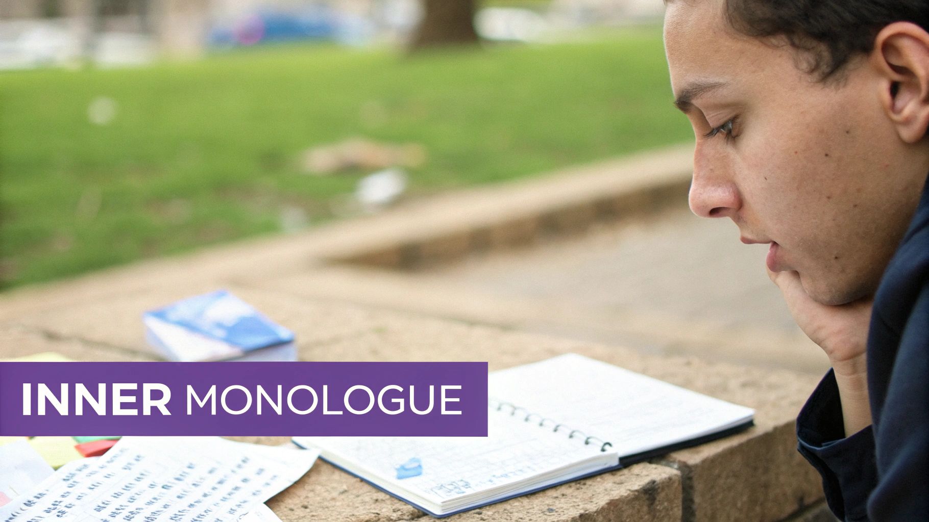 A young person with a hand on their chin intently studying a notebook outdoors, with 'INNER MONOLOGUE' text overlay.