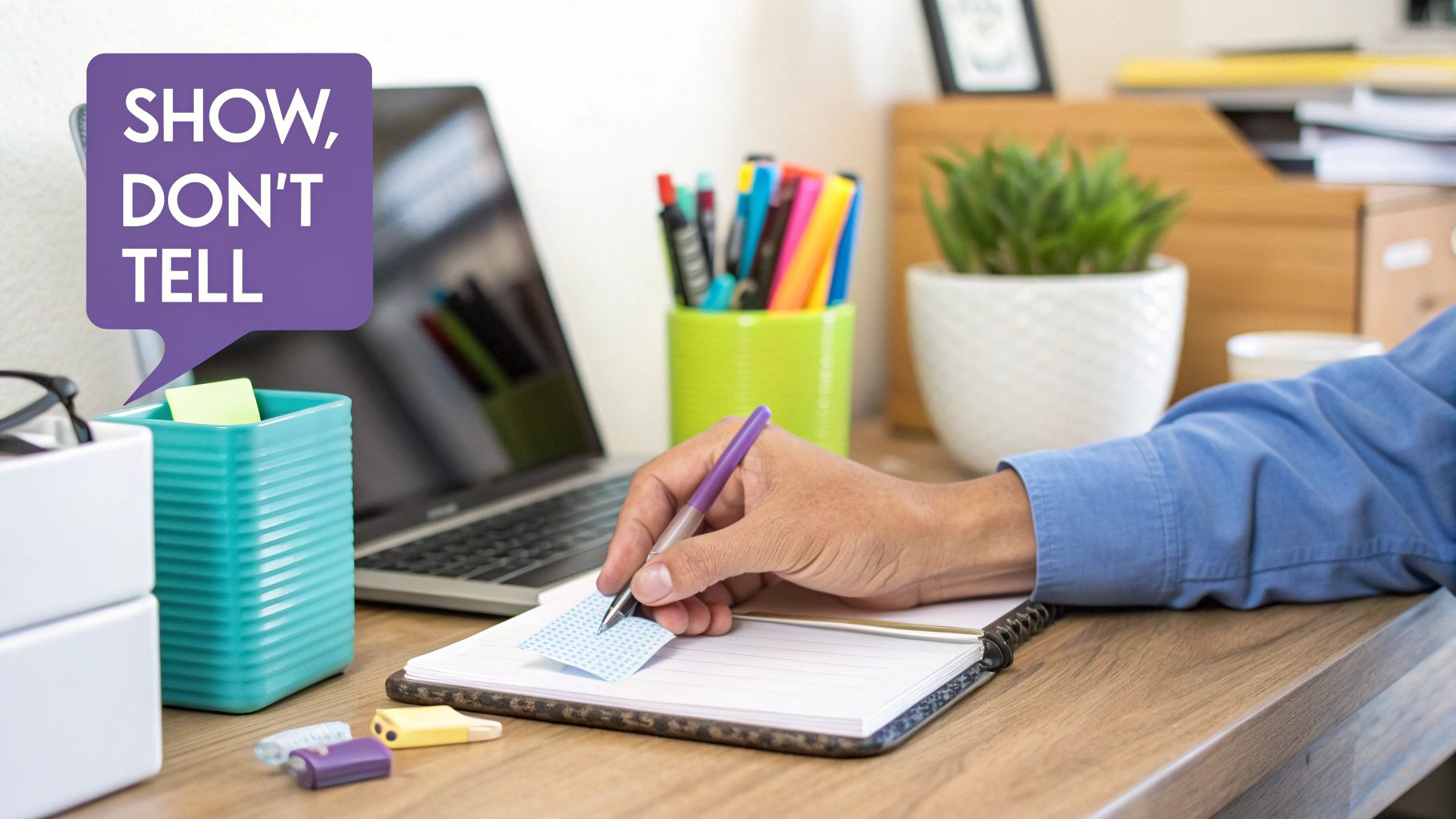Close-up of a person writing on a sticky note in a neatly organized workspace with pens and laptop.
