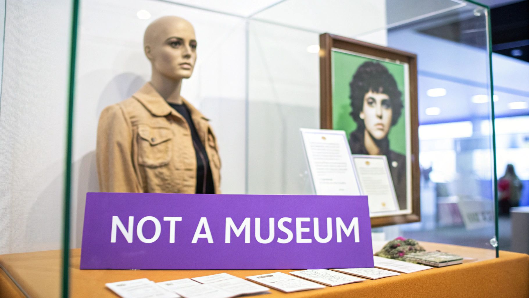 A museum-like display featuring a mannequin, a framed portrait, and a sign saying 'NOT A MUSEUM'.