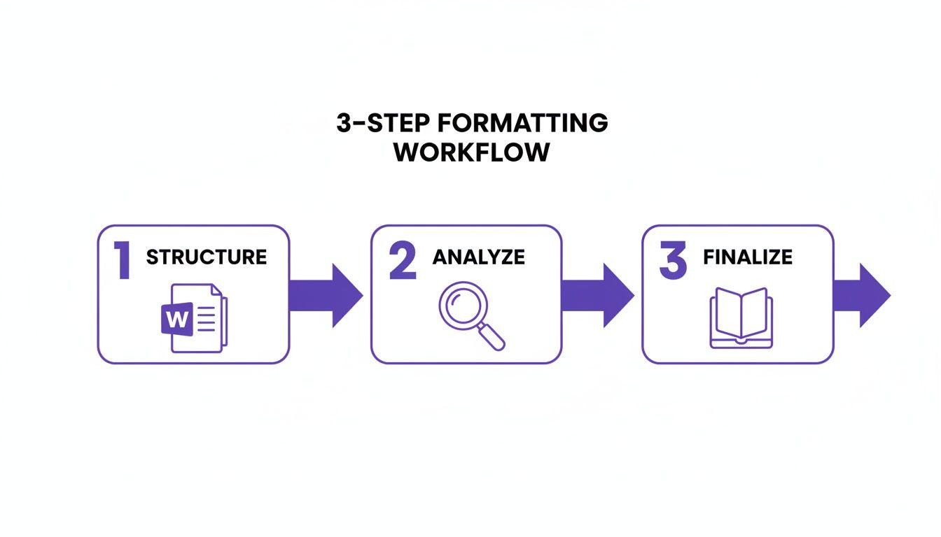 A three-step formatting workflow diagram showing structure, analyze, and finalize stages.