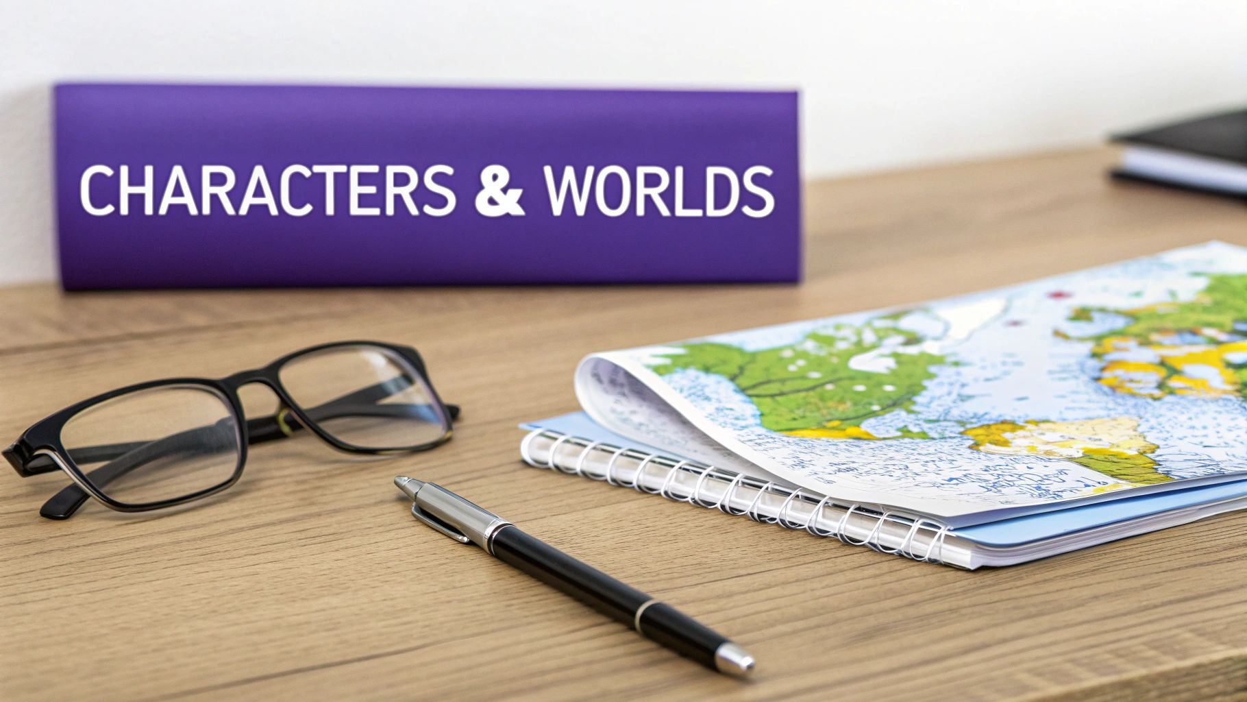 A writer's desk featuring a 'CHARACTERS & WORLDS' sign, glasses, pen, and world map notebook.