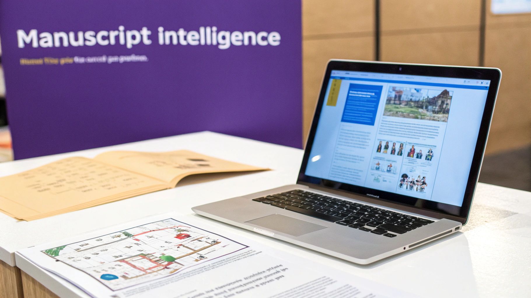 Laptop displaying research content, open book, and papers on a desk with a 'Manuscript intelligence' sign.