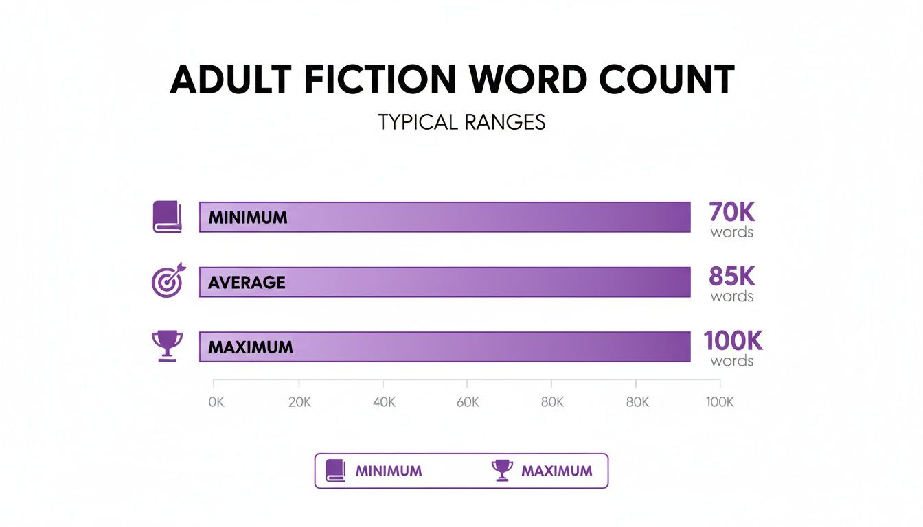 Adult fiction word count ranges: 70K minimum, 85K average, and 100K maximum.