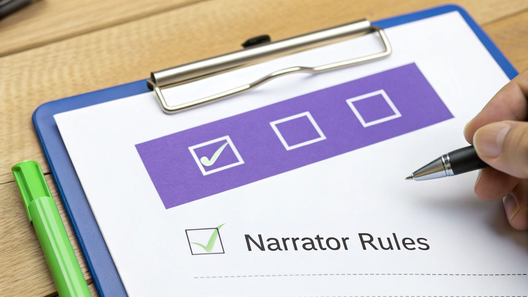 A hand with a pen pointing at a checklist titled 'Narrator Rules' with a checked box.