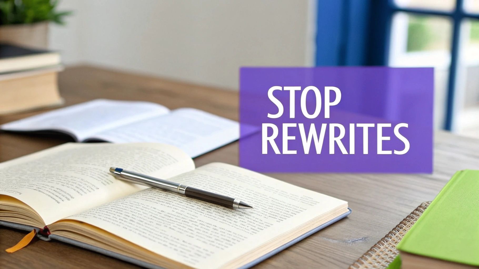A wooden desk with open books, a pen, and a purple sign reading 'STOP REWRITES'.
