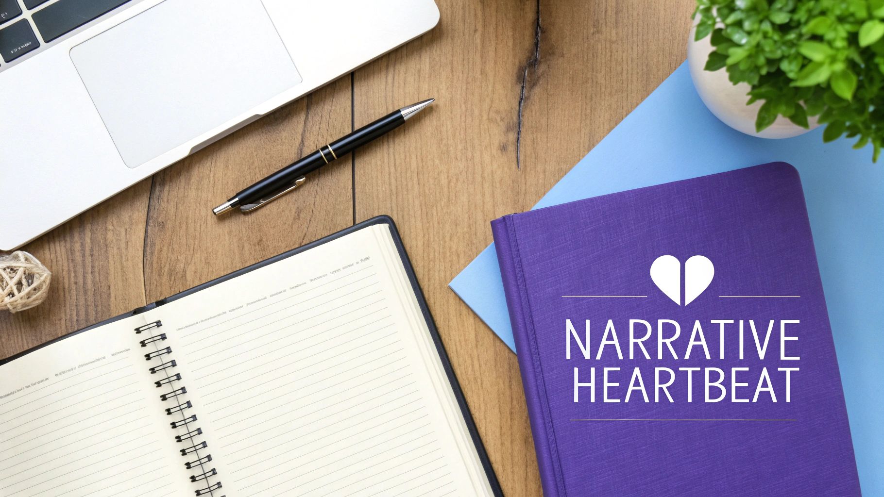 Flat lay of a desk with a laptop, pen, open notebook, and a purple 'NARRATIVE HEARTBEAT' book.