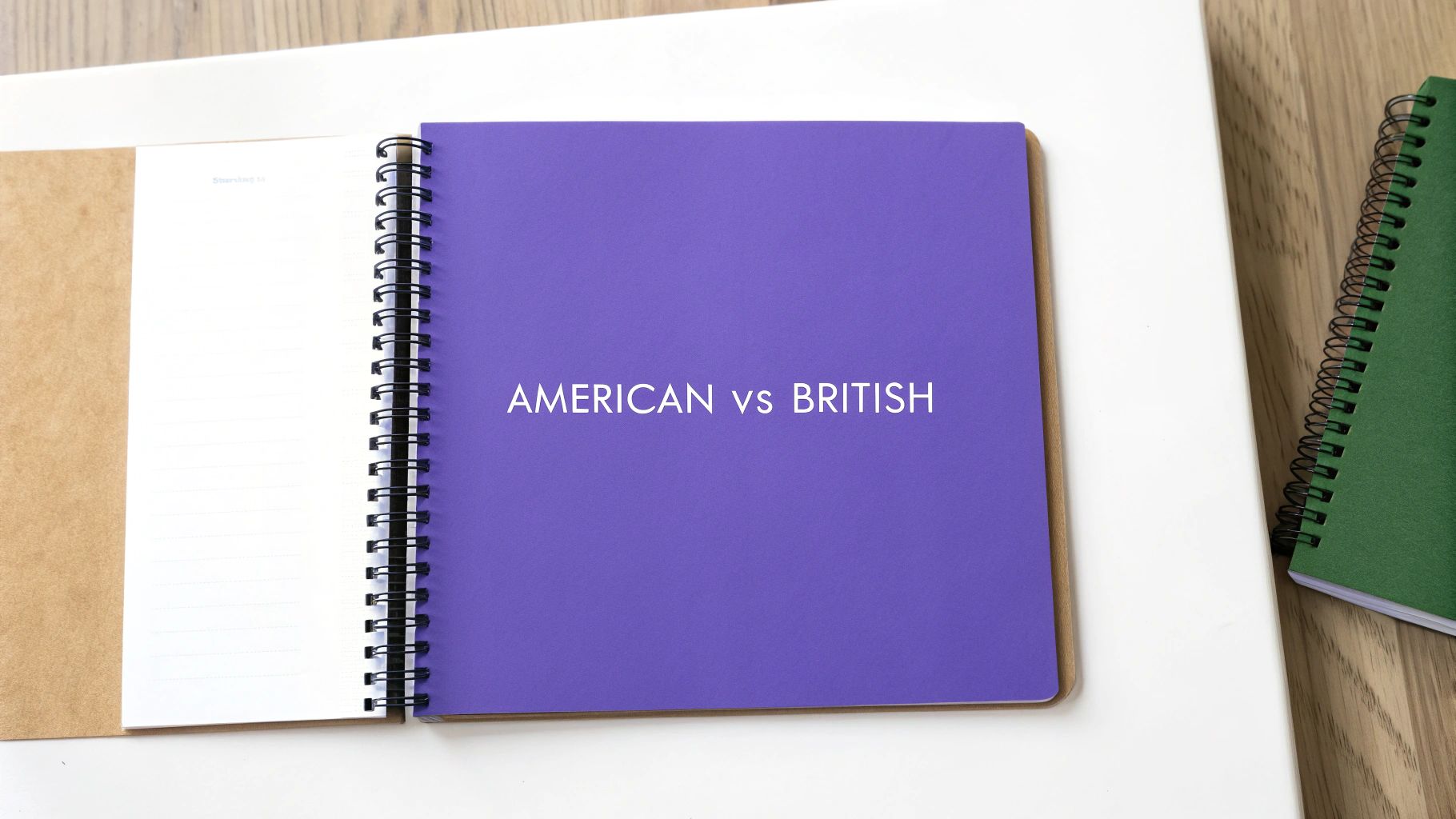 An open spiral notebook with a purple cover displaying 'AMERICAN vs BRITISH' text.
