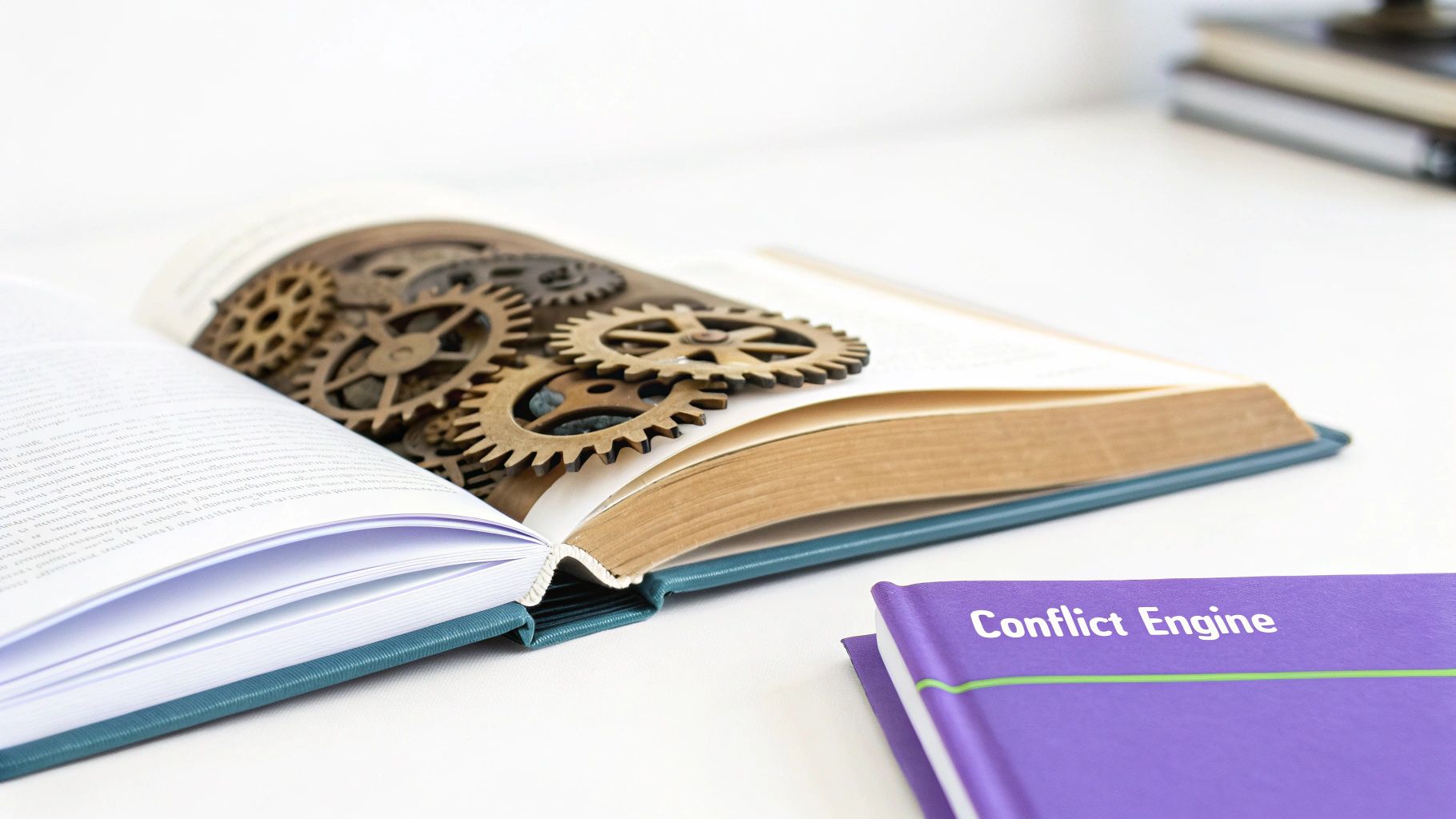 An open book with intricate antique gears nestled between its pages, alongside a purple book titled 'Conflict Engine'.