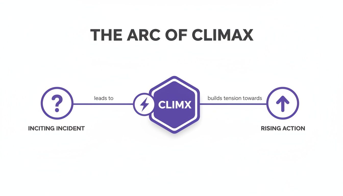 A diagram illustrating 'The Arc of Climax,' showing Inciting Incident leading to Climax, which builds tension towards Rising Action.