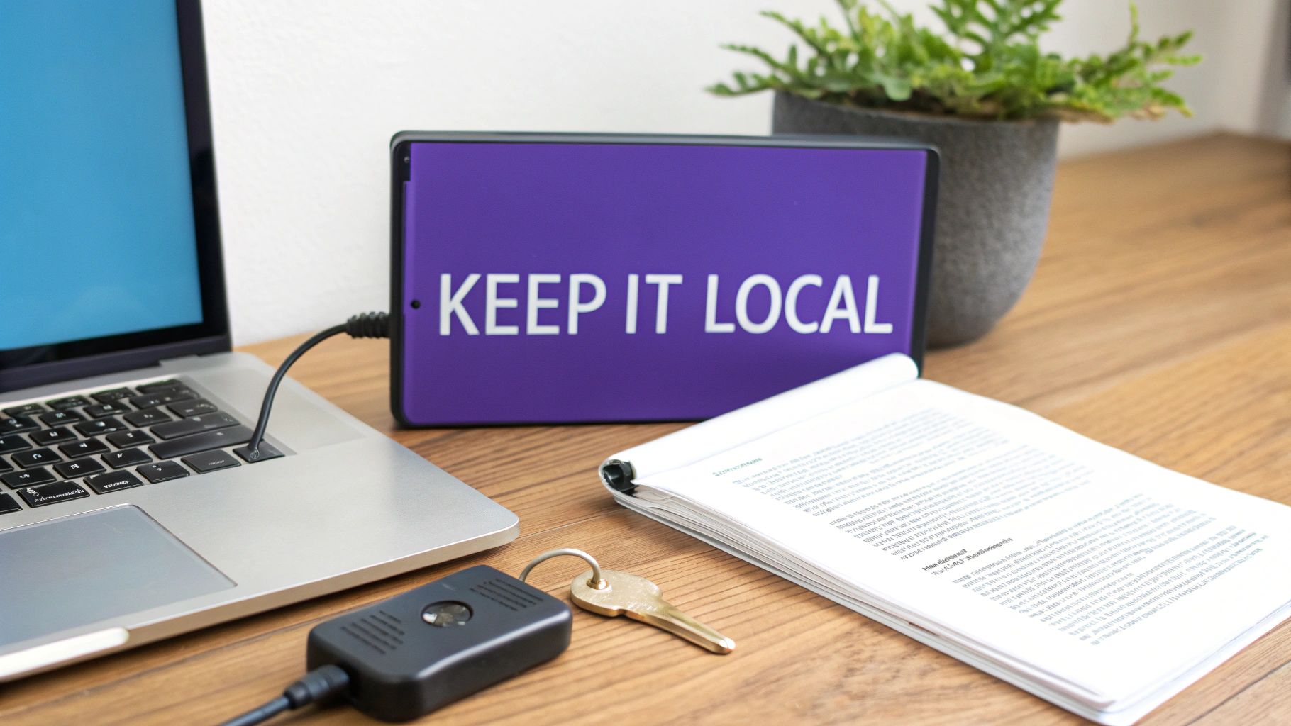 A home office desk with a laptop, a purple sign displaying 'KEEP IT LOCAL', and documents.