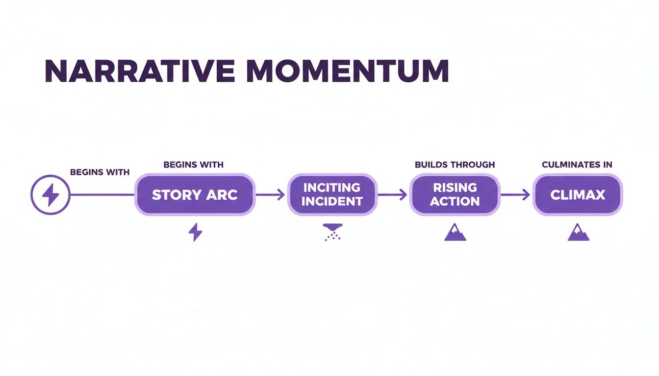 A flowchart illustrating the Narrative Momentum stages: Story Arc, Inciting Incident, Rising Action, and Climax.