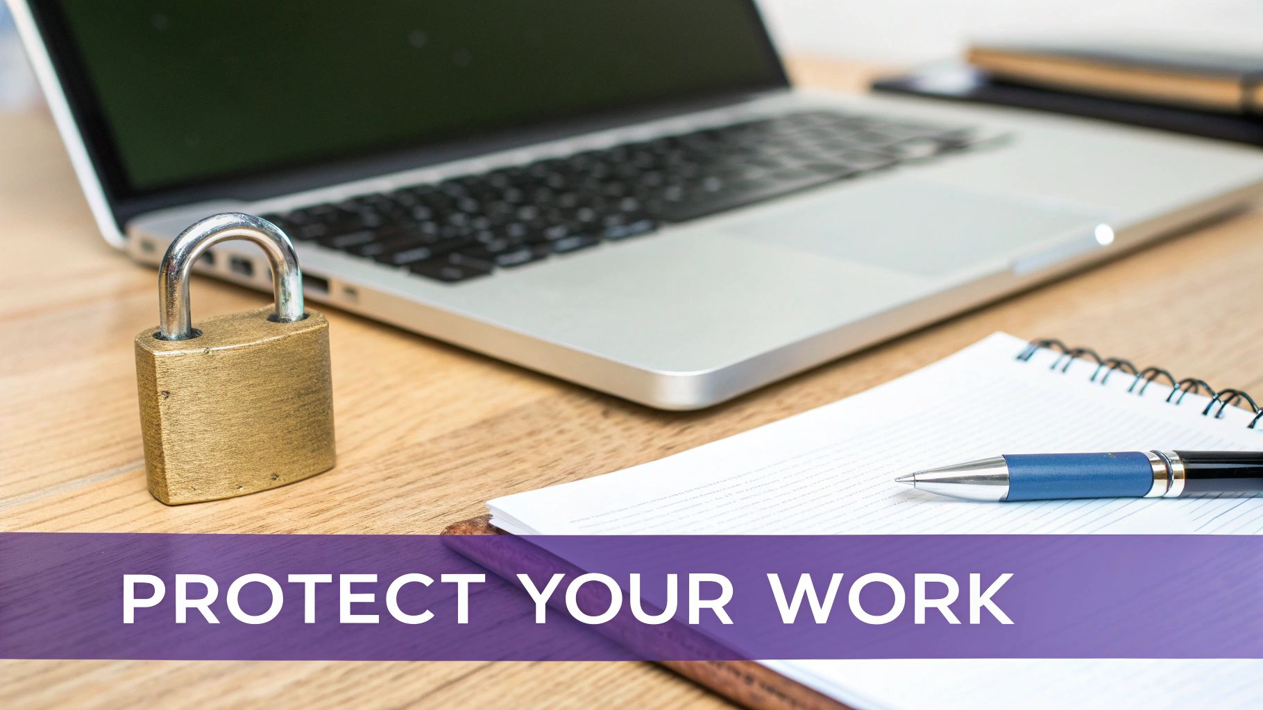 A padlock on a wooden desk next to a laptop, notebook, and pen, with text overlay 'Protect Your Work'.