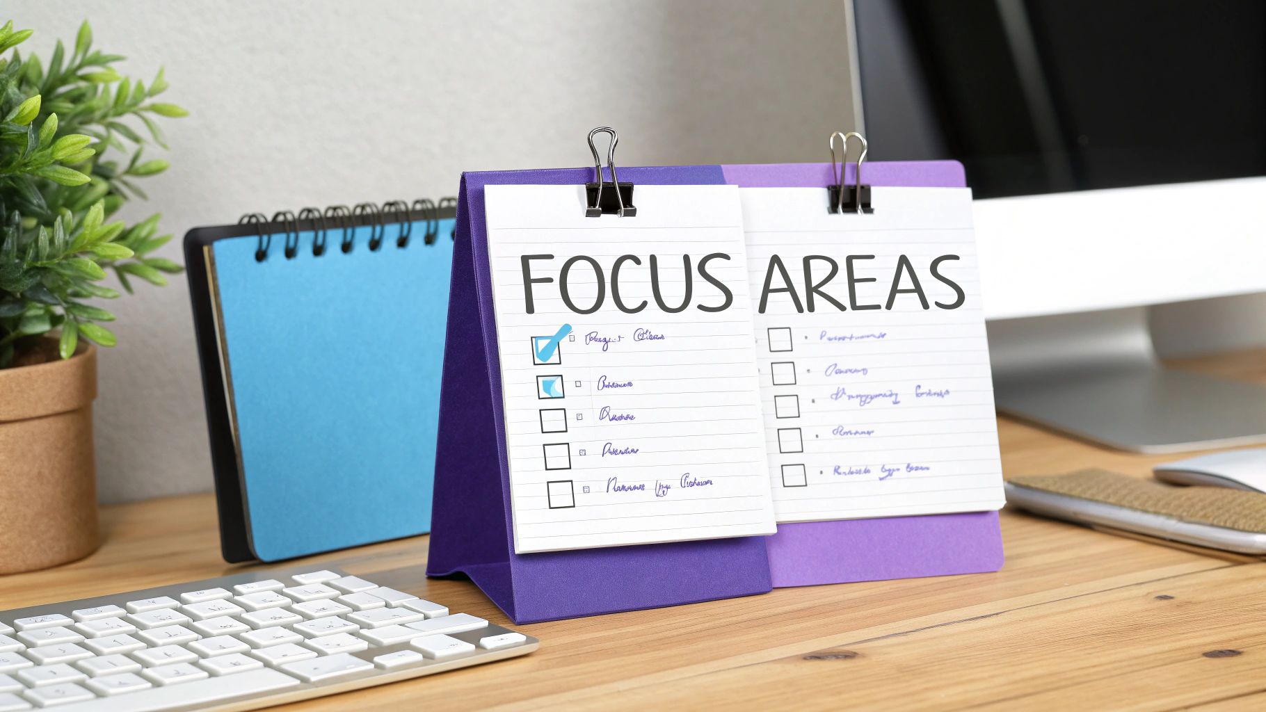 Focus areas checklist on a wooden desk with a plant, blue notebook, keyboard, and monitor.