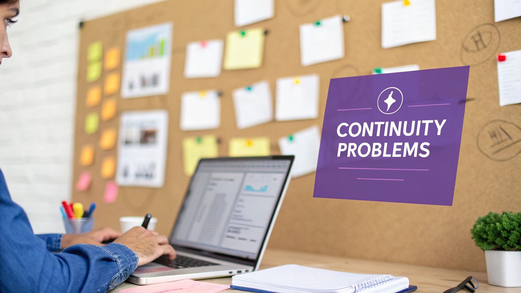 A person works on a laptop at a desk with a corkboard, and a 'CONTINUITY PROBLEMS' sign.