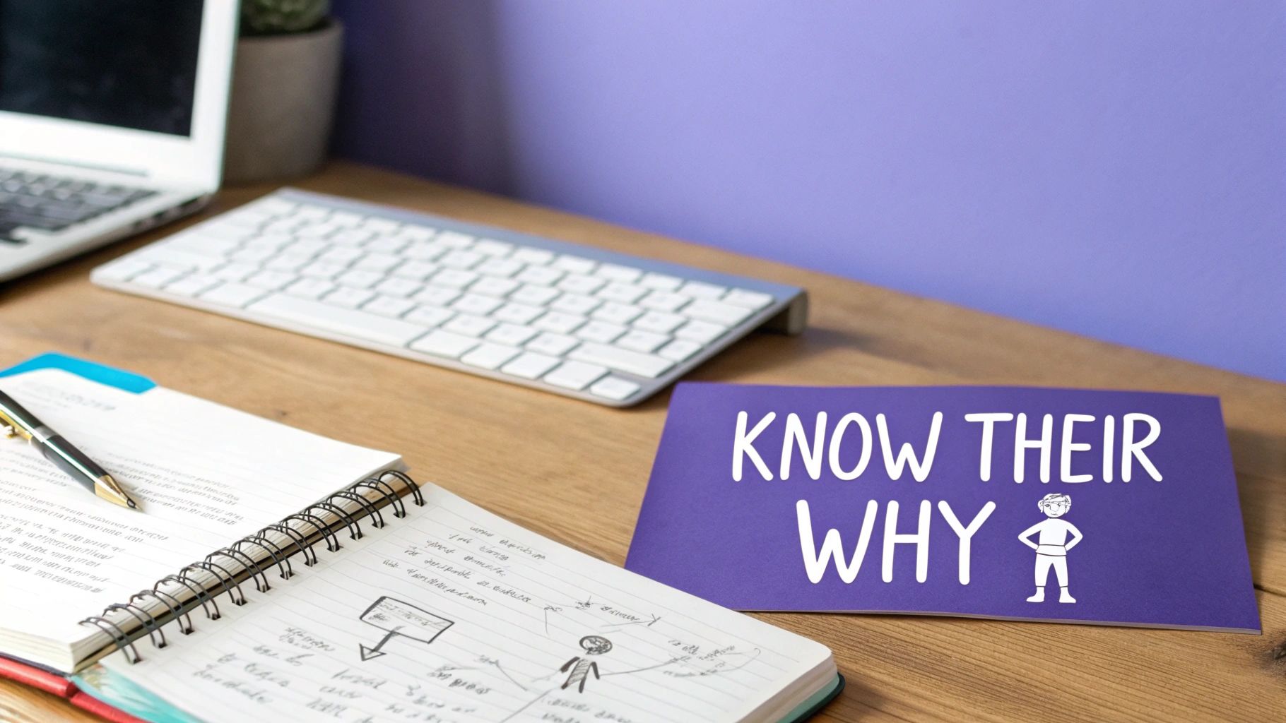 An office desk with a laptop, notebook, and a purple card emphasizing 'KNOW THEIR WHY' with an icon.