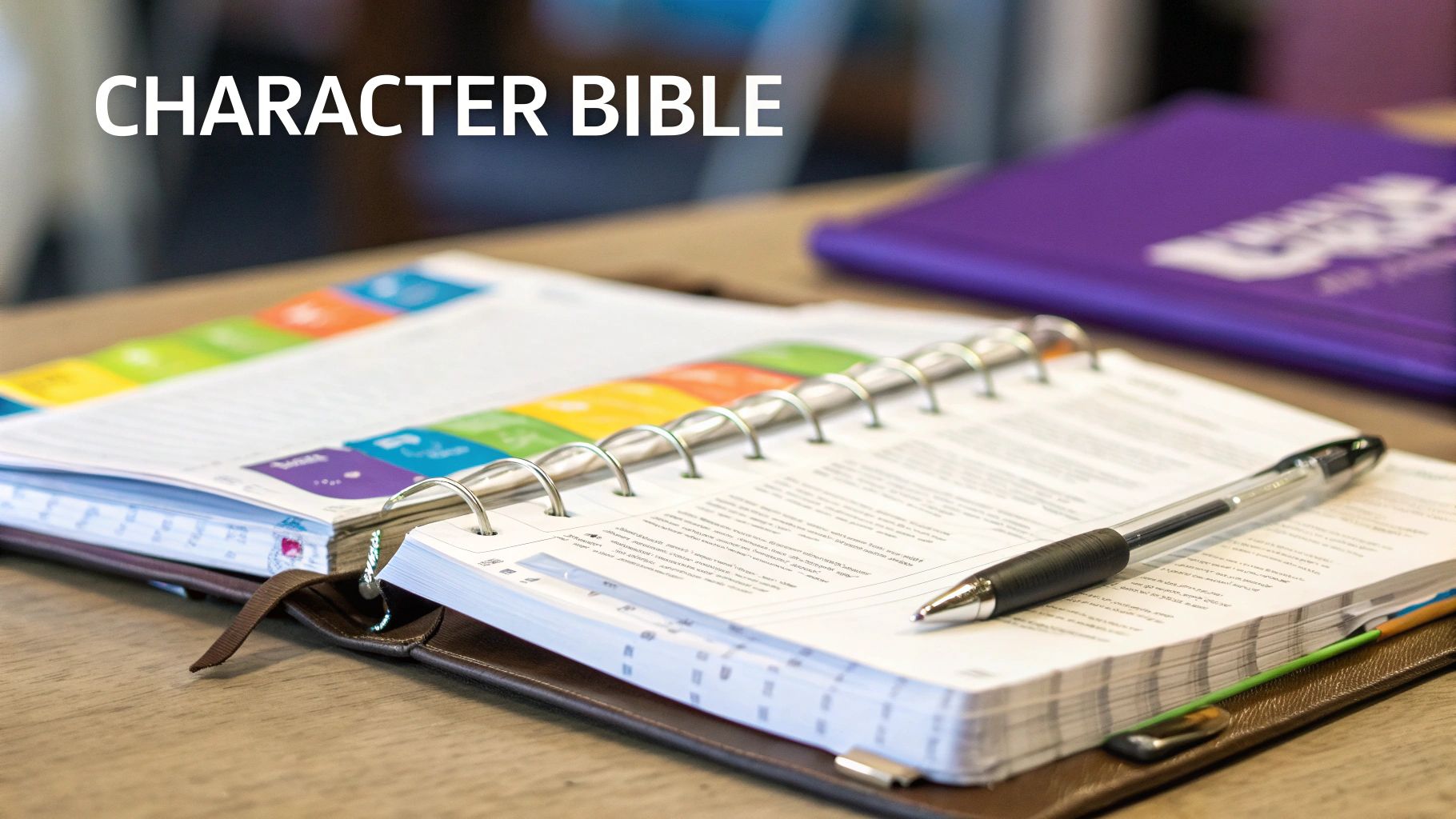 An open binder labeled 'Character Bible' with a pen on its pages, showing colorful tabs and text.