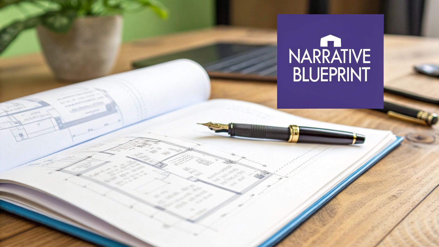 An open architectural blueprint document with a fountain pen, a plant, and a 'Narrative Blueprint' logo.