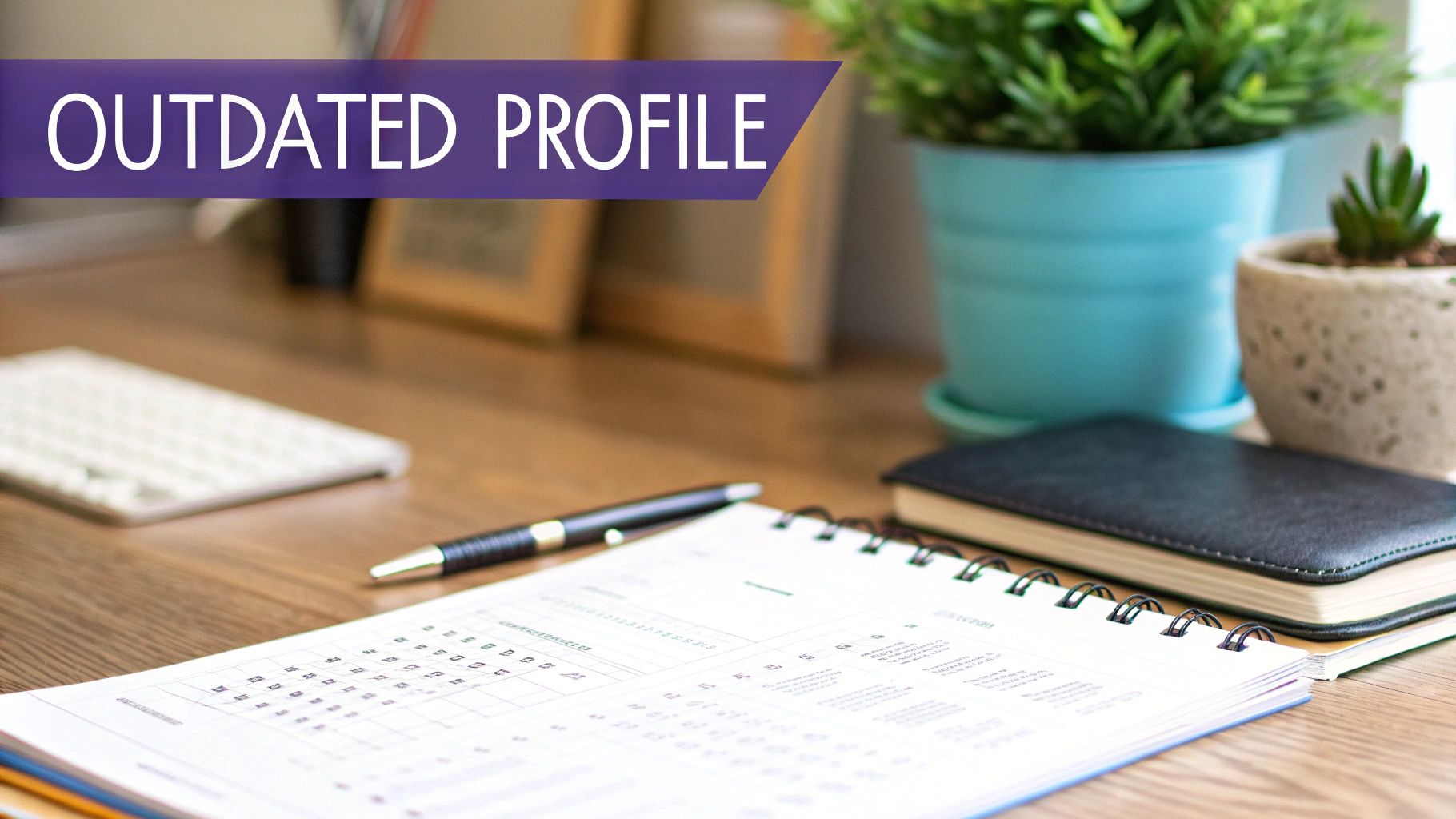 A desk with an open planner, pen, keyboard, and plants, featuring a banner: 'OUTDATED PROFILE'.