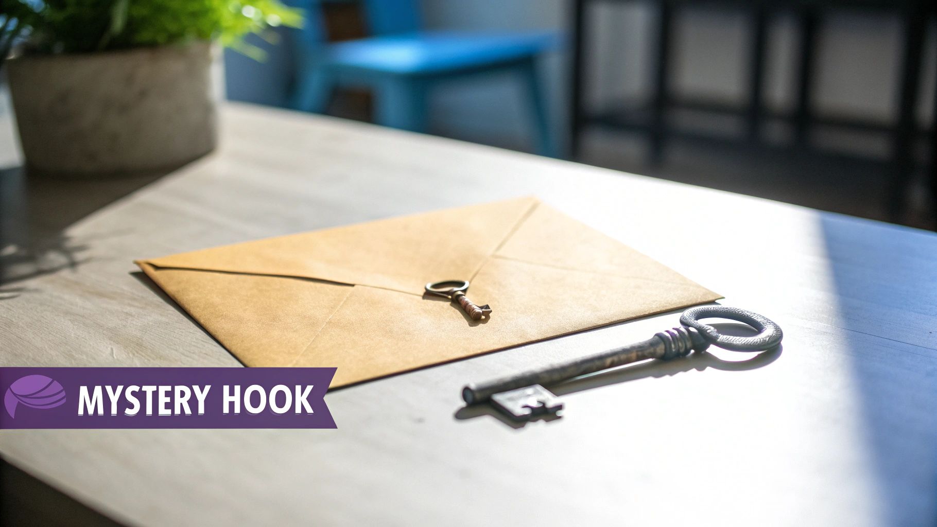 A brown envelope and two antique keys lie on a wooden table, hinting at a mystery.