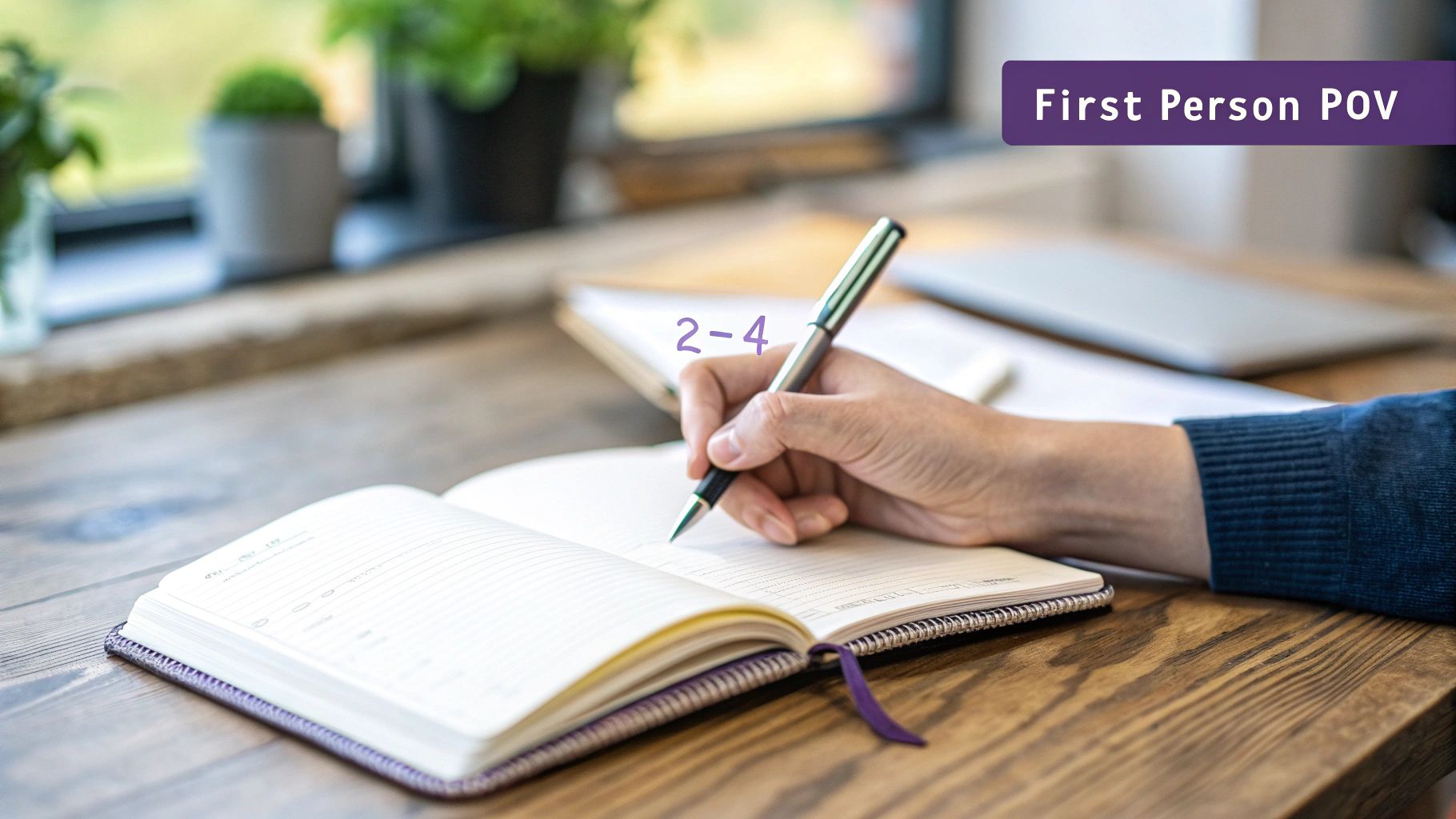 First-person perspective of a hand writing in an open notebook on a wooden desk, near a window.