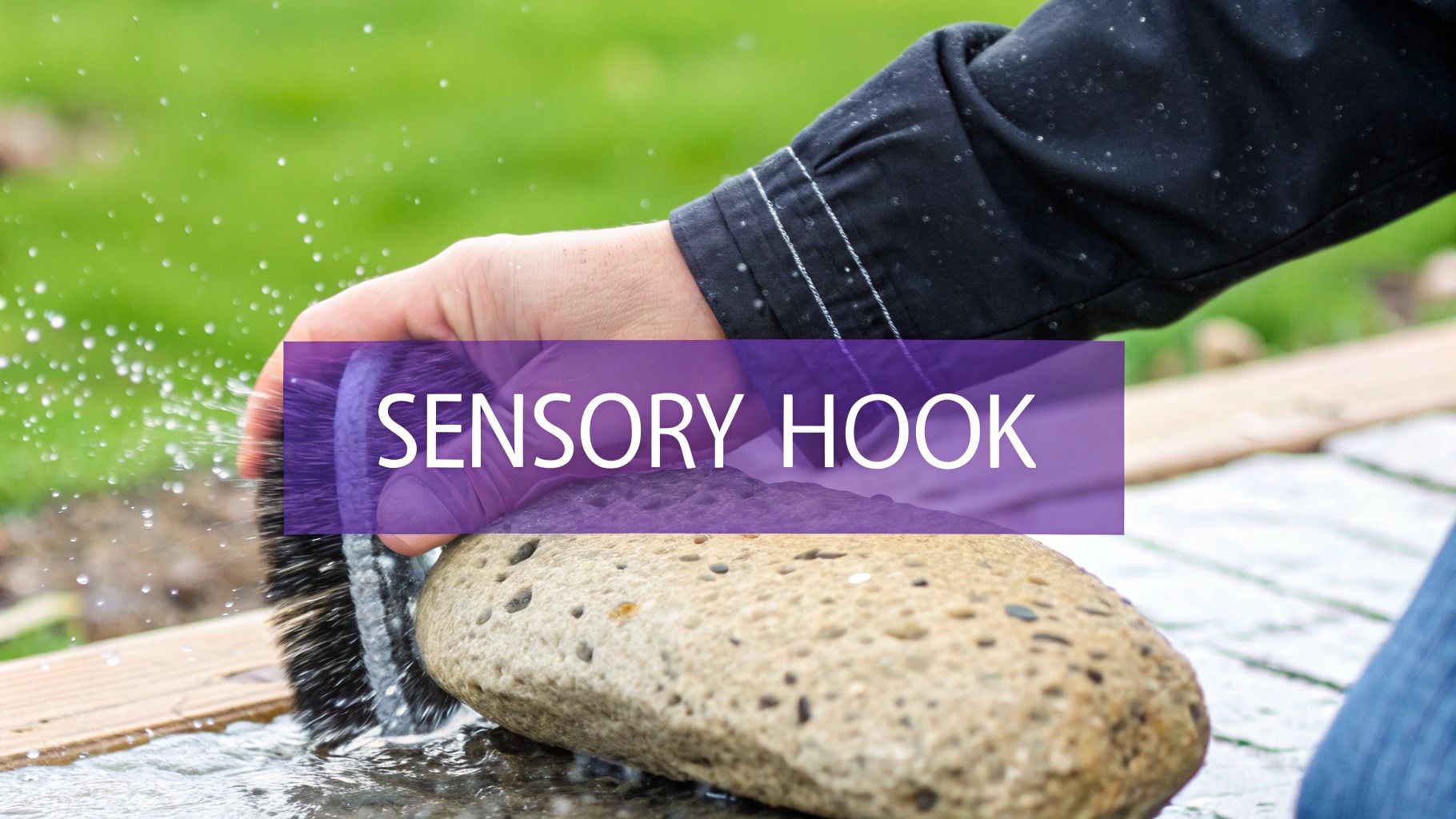 A hand brushes a wet, textured rock, creating water splashes with the overlaid text 'SENSORY HOOK'.
