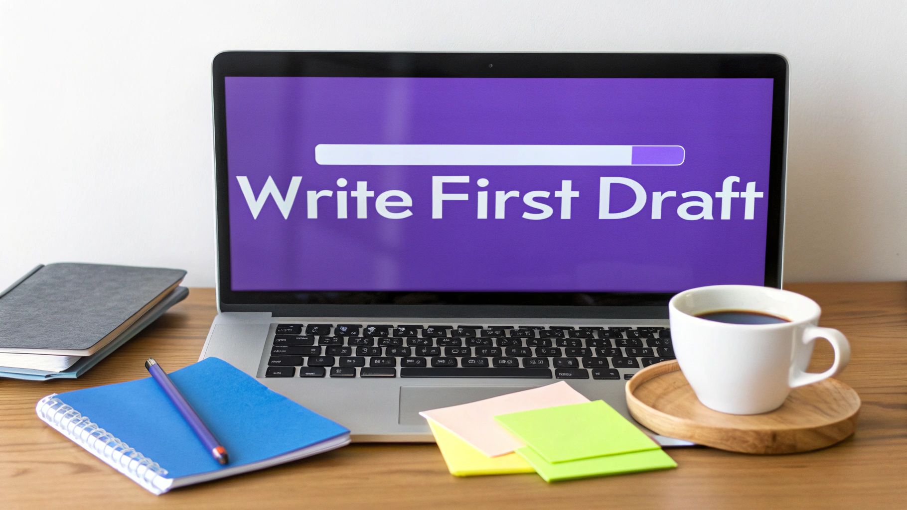 Laptop screen shows 'Write First Draft' with progress bar, alongside notebooks, pen, sticky notes, and coffee.
