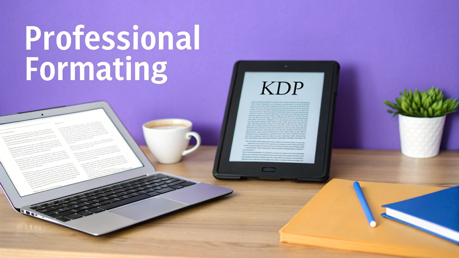 A desk setup with a laptop, KDP e-reader, coffee, and notebooks, illustrating professional formatting services.