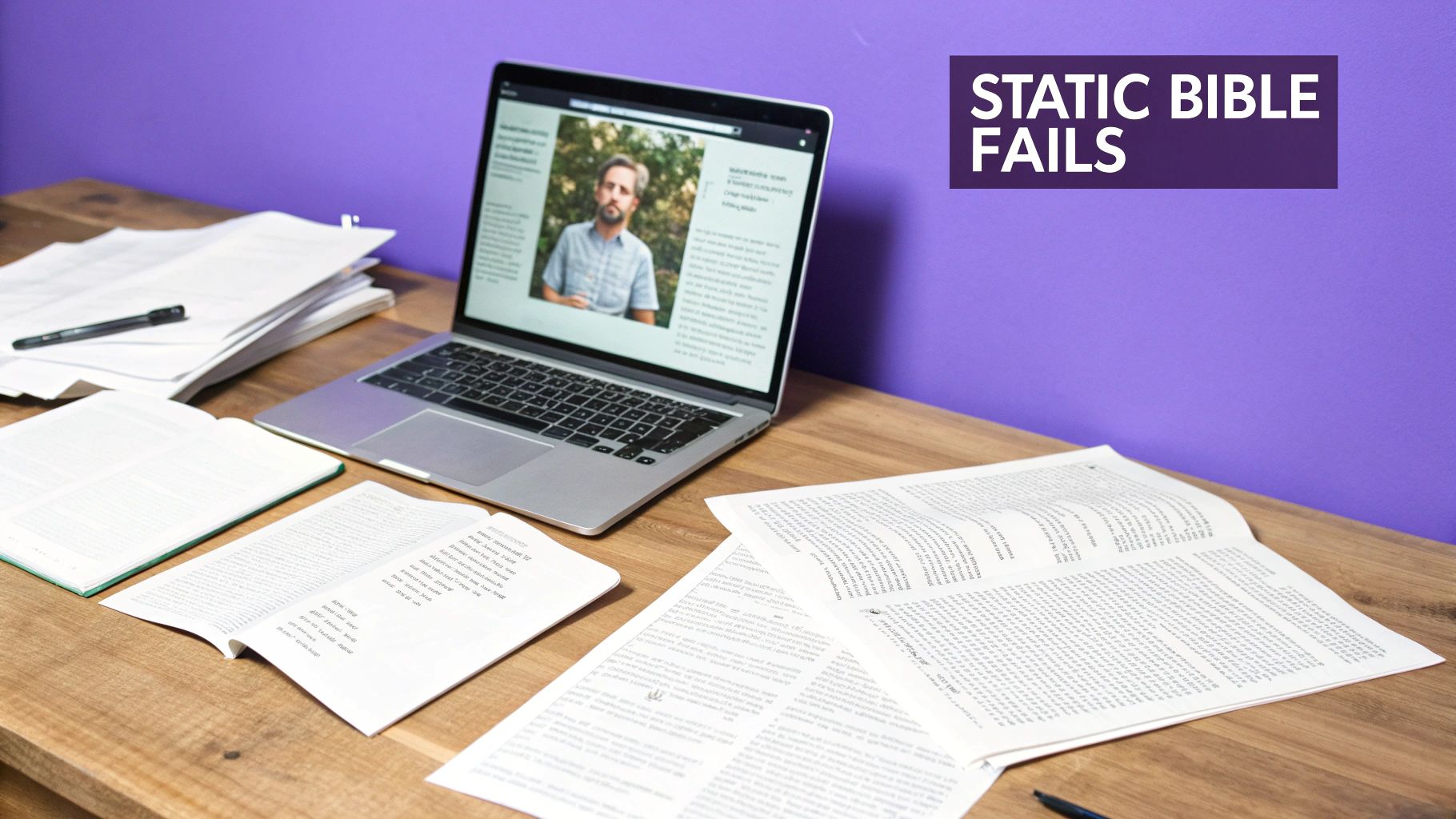 A desk with a laptop displaying a man, open books, and scattered papers, against a purple wall.