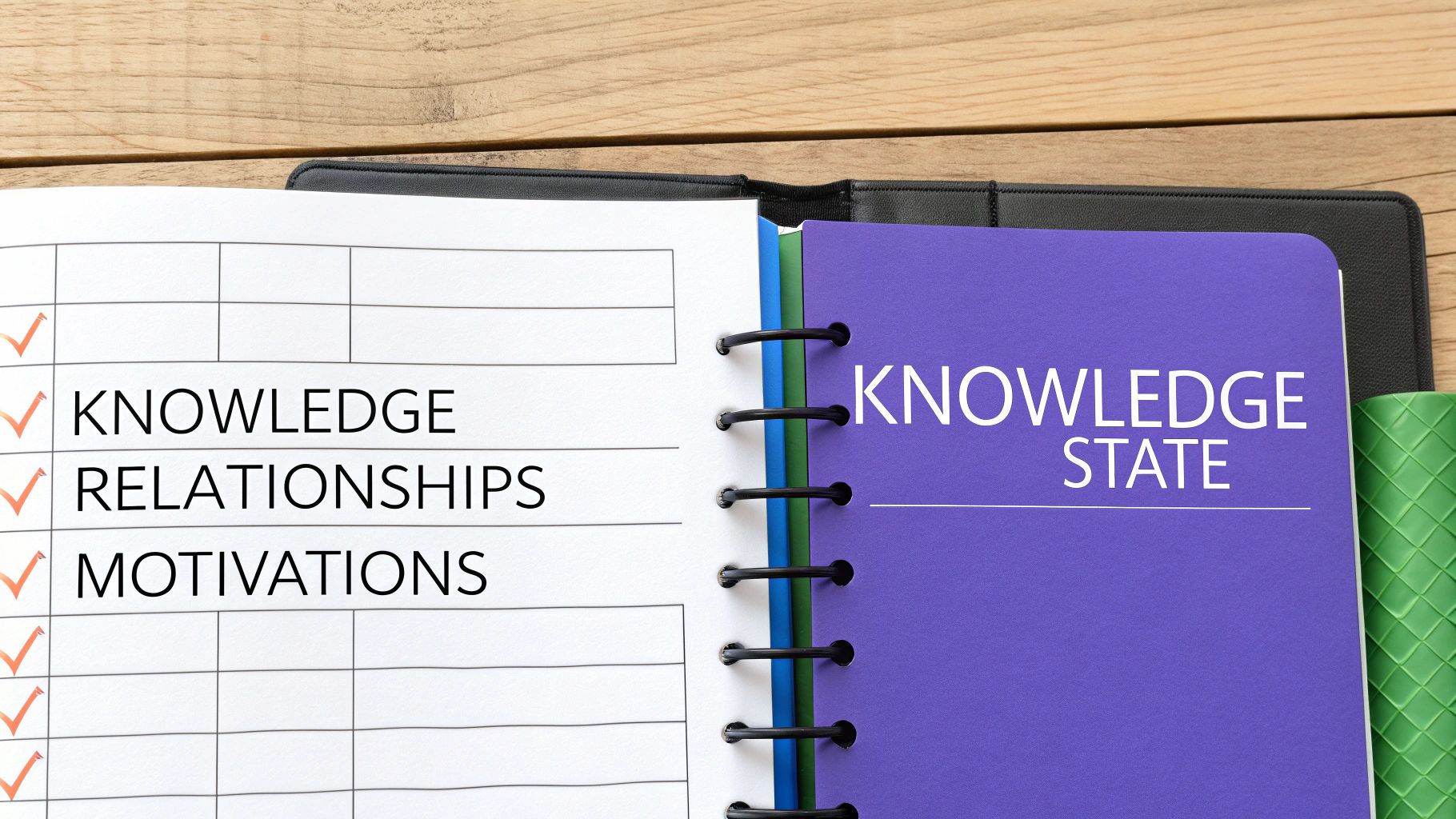 An open planner on a wooden desk showing 'Knowledge', 'Relationships', 'Motivations' checked and 'Knowledge State' on a purple page.