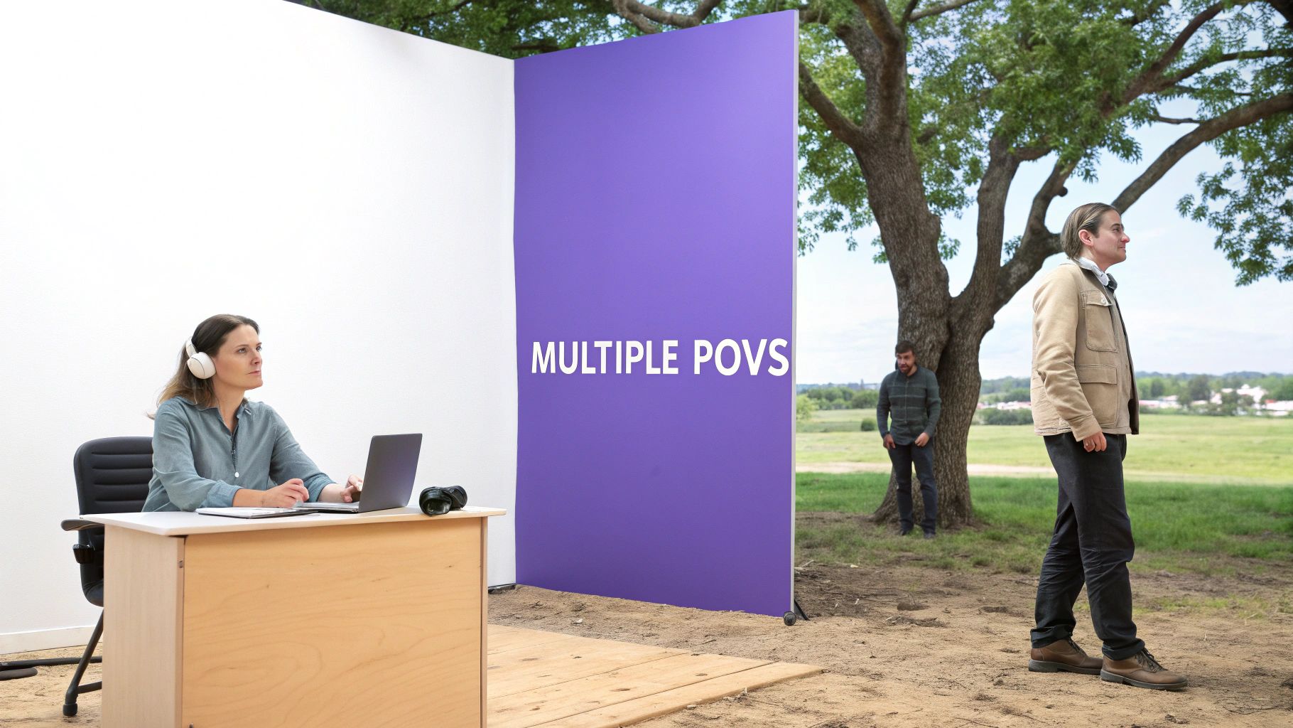 A woman at a desk indoors, separated by a purple screen from two men outside in a field, illustrating multiple points of view.