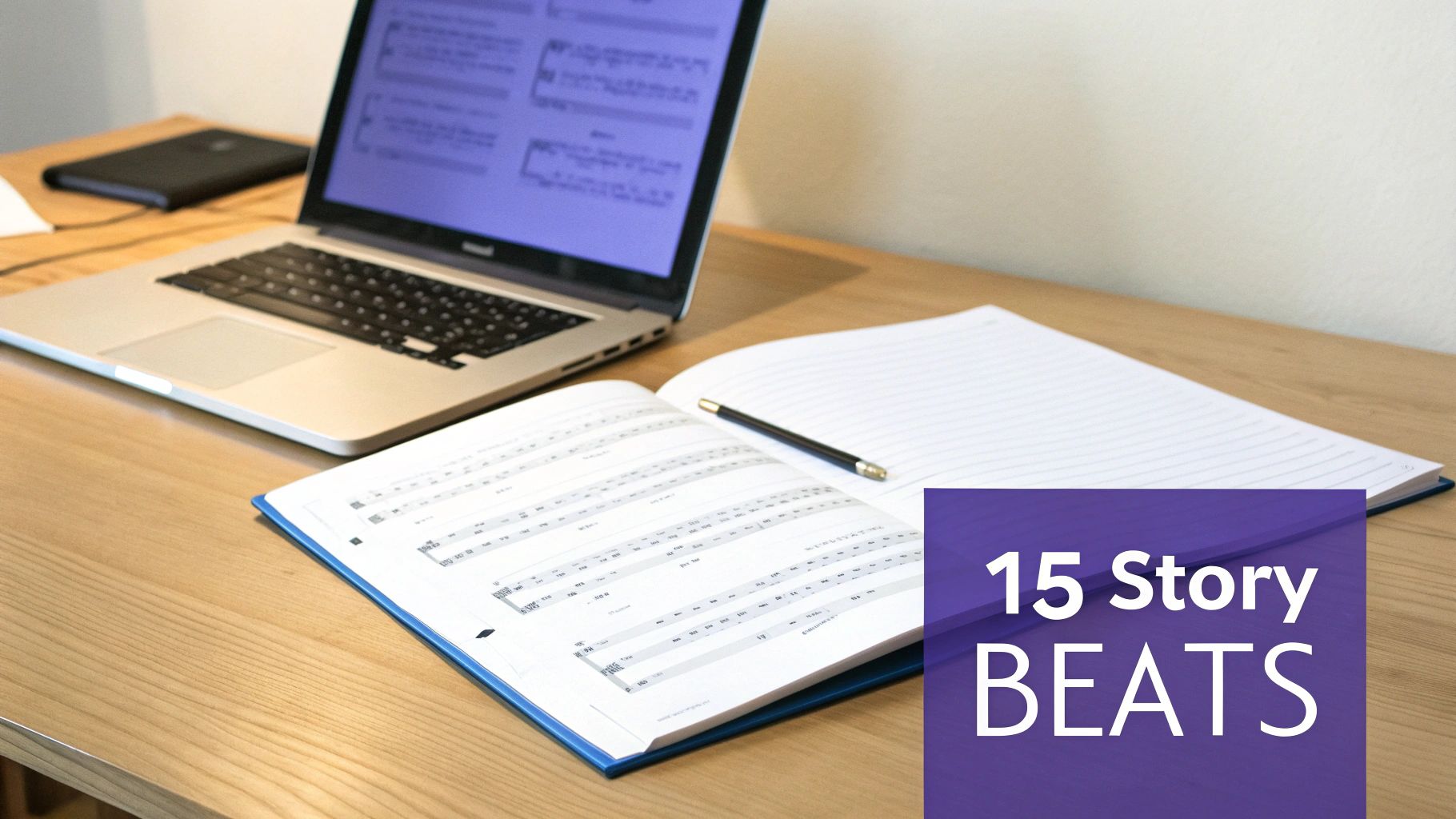 A creative workspace with a laptop, open notebooks with music scores, and a '15 Story BEATS' overlay.