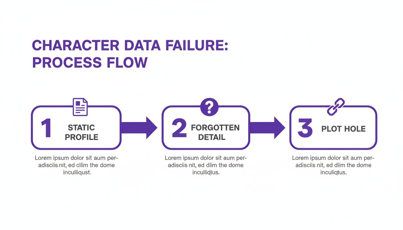 A three-step process flow diagram illustrating character data failure, leading to a plot hole.