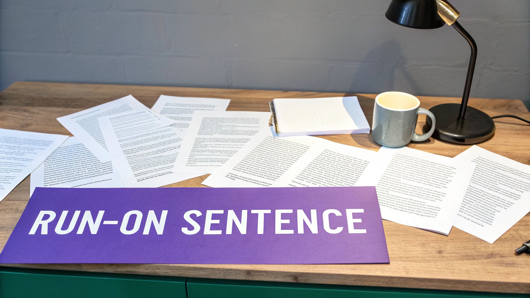A wooden desk covered in scattered papers, a purple "RUN-ON SENTENCE" sign, a mug, and a lamp.