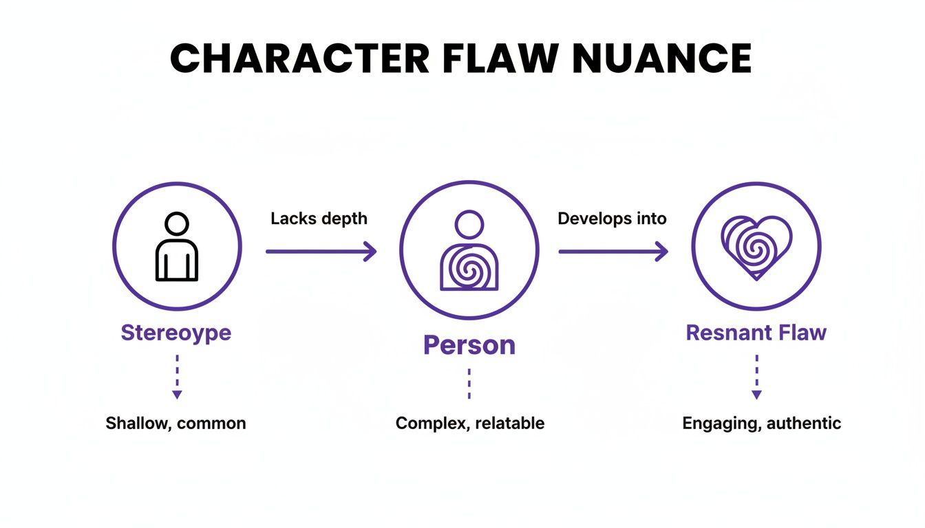 Flowchart illustrating character flaw development from stereotype to person to a resonant flaw.