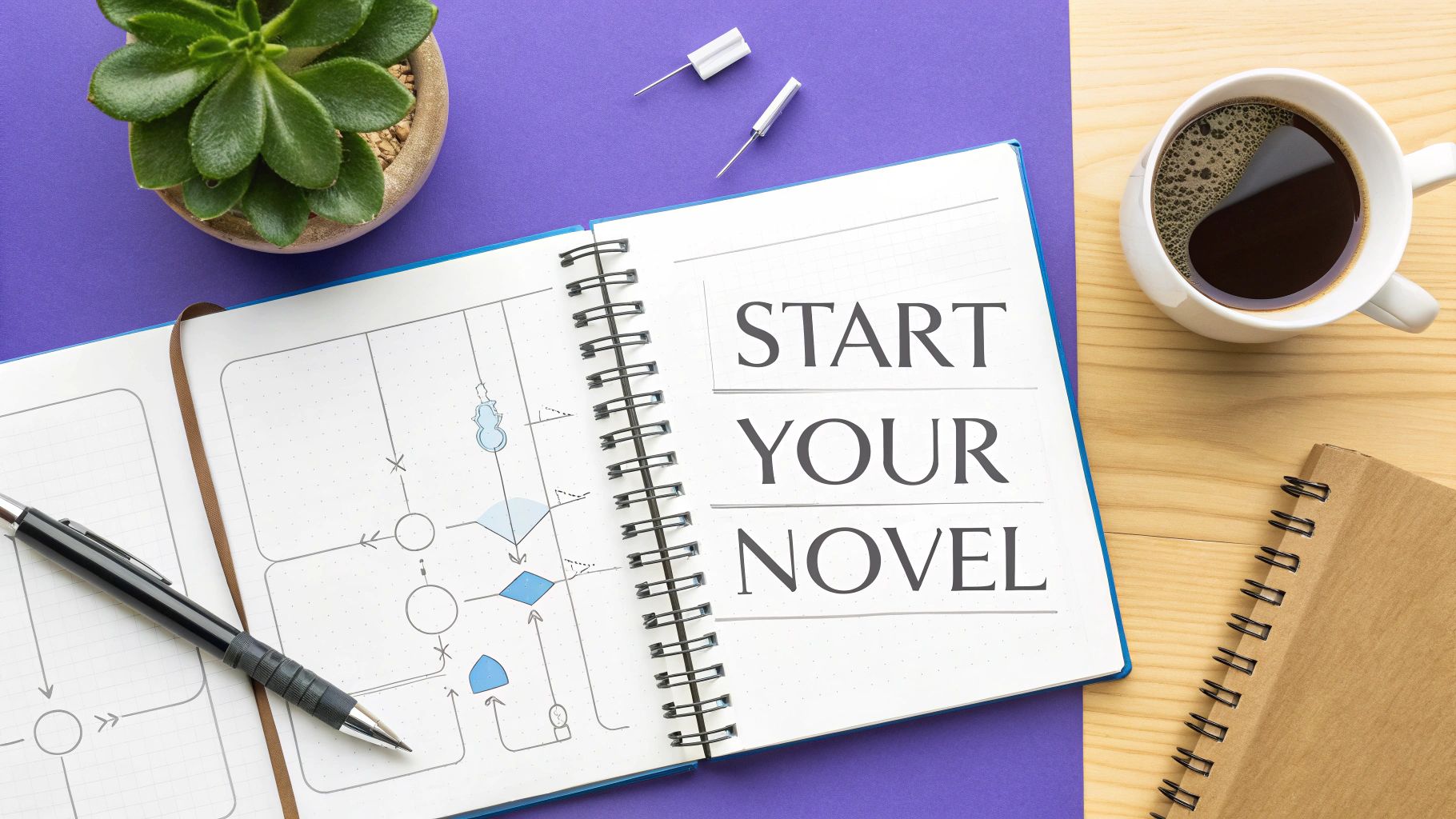 Desk flat lay with an open notebook displaying 'START YOUR NOVEL', a pen, coffee, and a plant.
