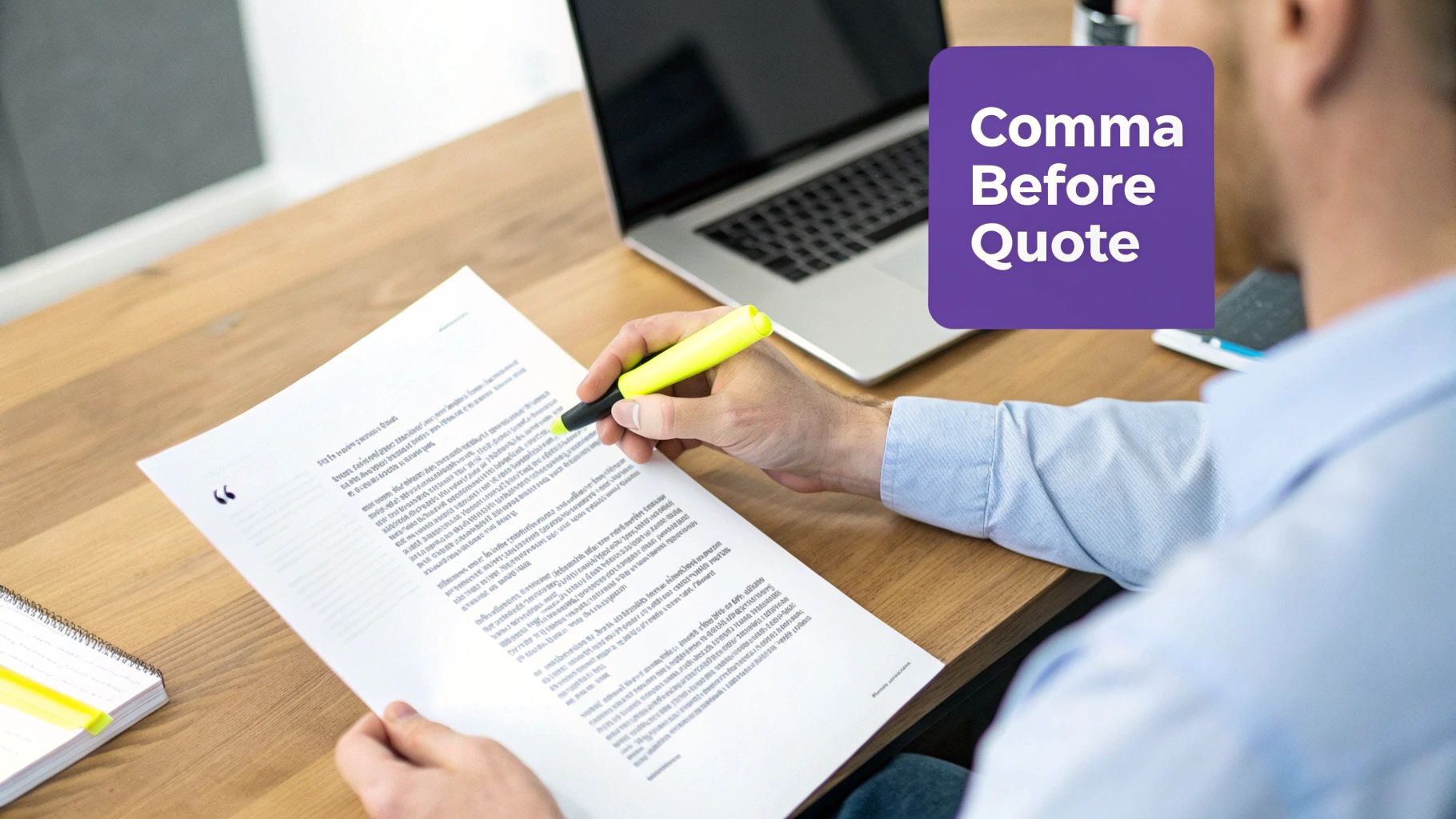 Person highlighting a document on a wooden desk with a laptop, featuring a 'Comma Before Quote' text overlay.