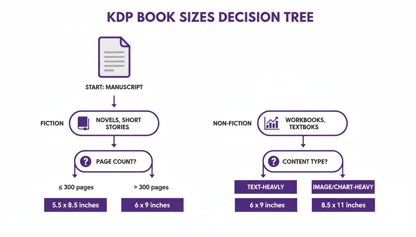 A KDP book sizes decision tree guiding choices based on content type, page count, and format.