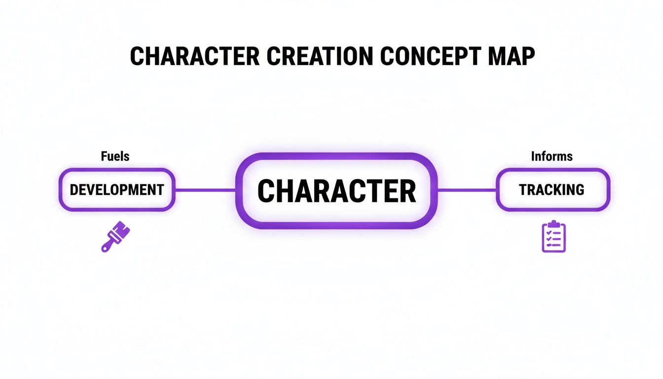 A concept map titled 'Character Creation' showing Development fueling Character, which informs Tracking.