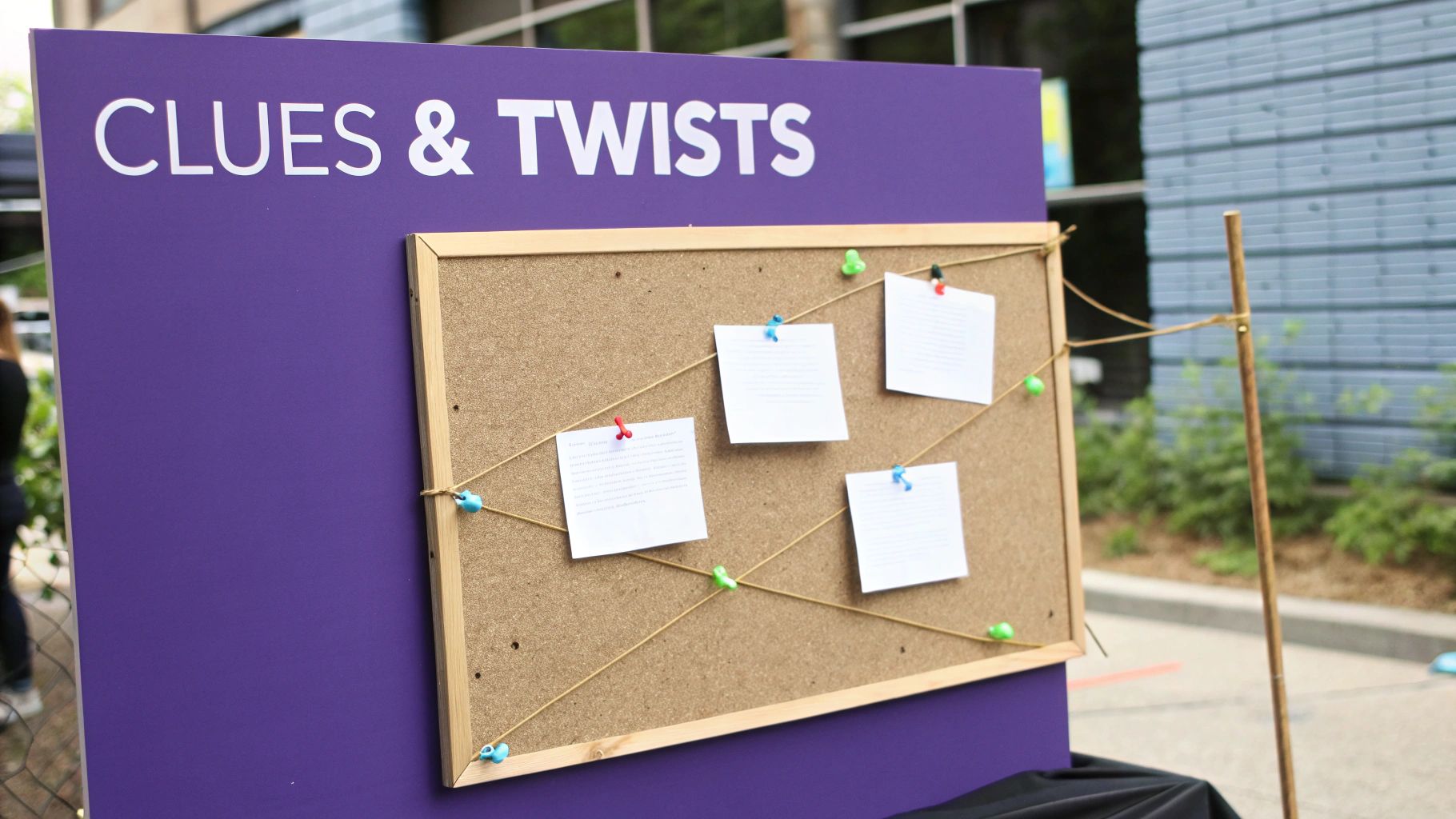 A purple sign displaying 'CLUES & TWISTS' above a cork board with notes and string.