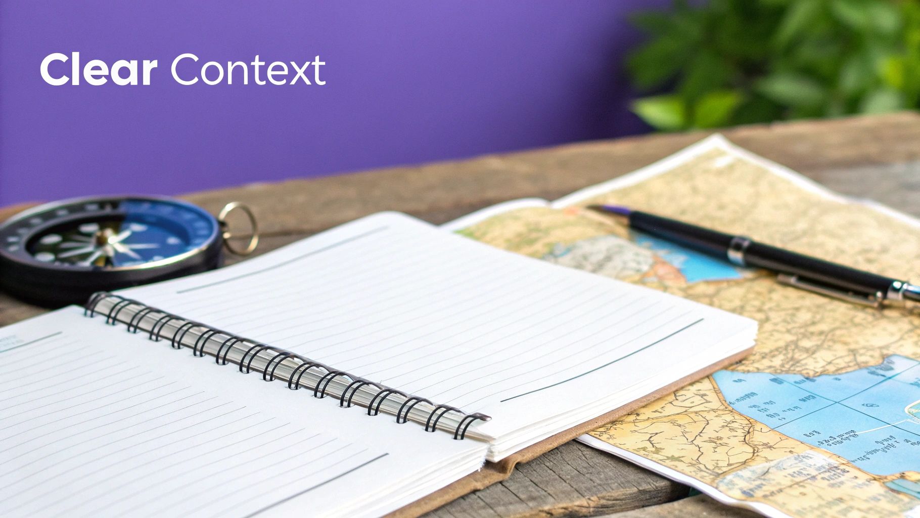 An open notebook, pen, map, and compass on a wooden table, with 'Clear Context' text, suggesting travel planning.