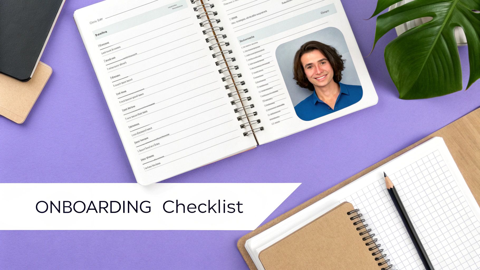 Flat lay: ONBOARDING Checklist notebook with smiling man's photo, pencil, and plant on a purple desk.