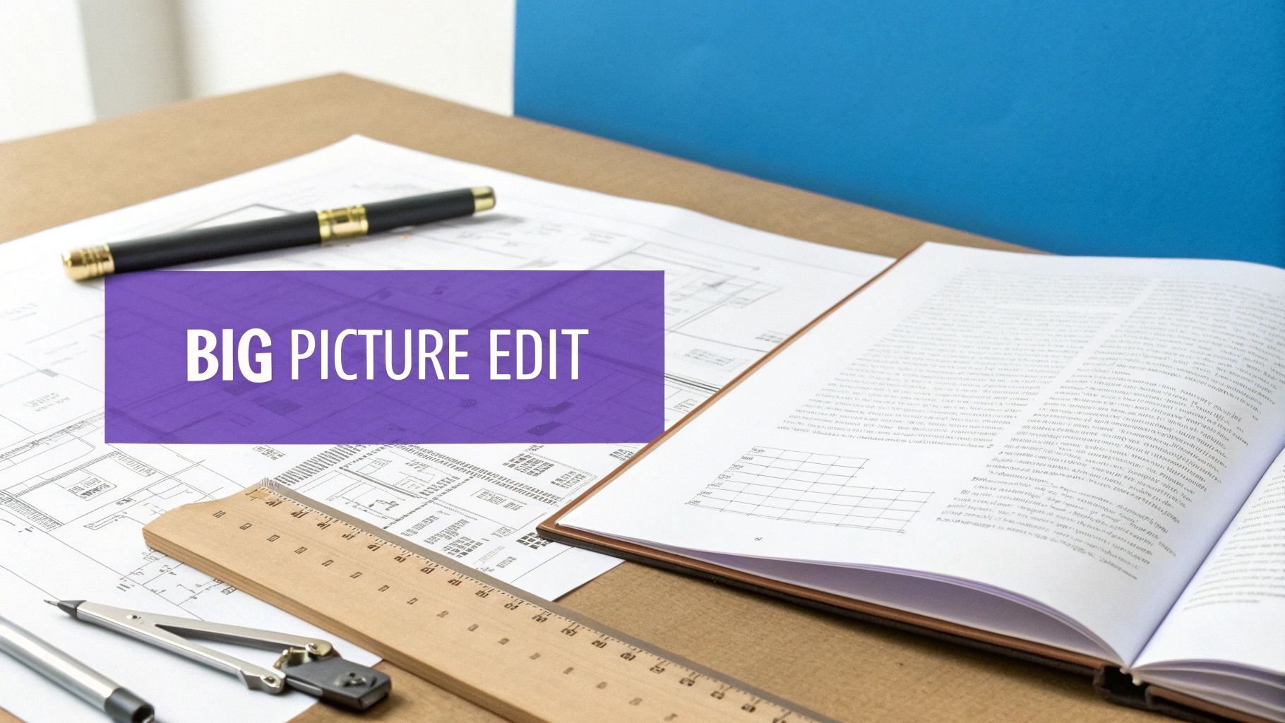 A top-down view of an architect's desk with blueprints, drawing tools, and an open book.