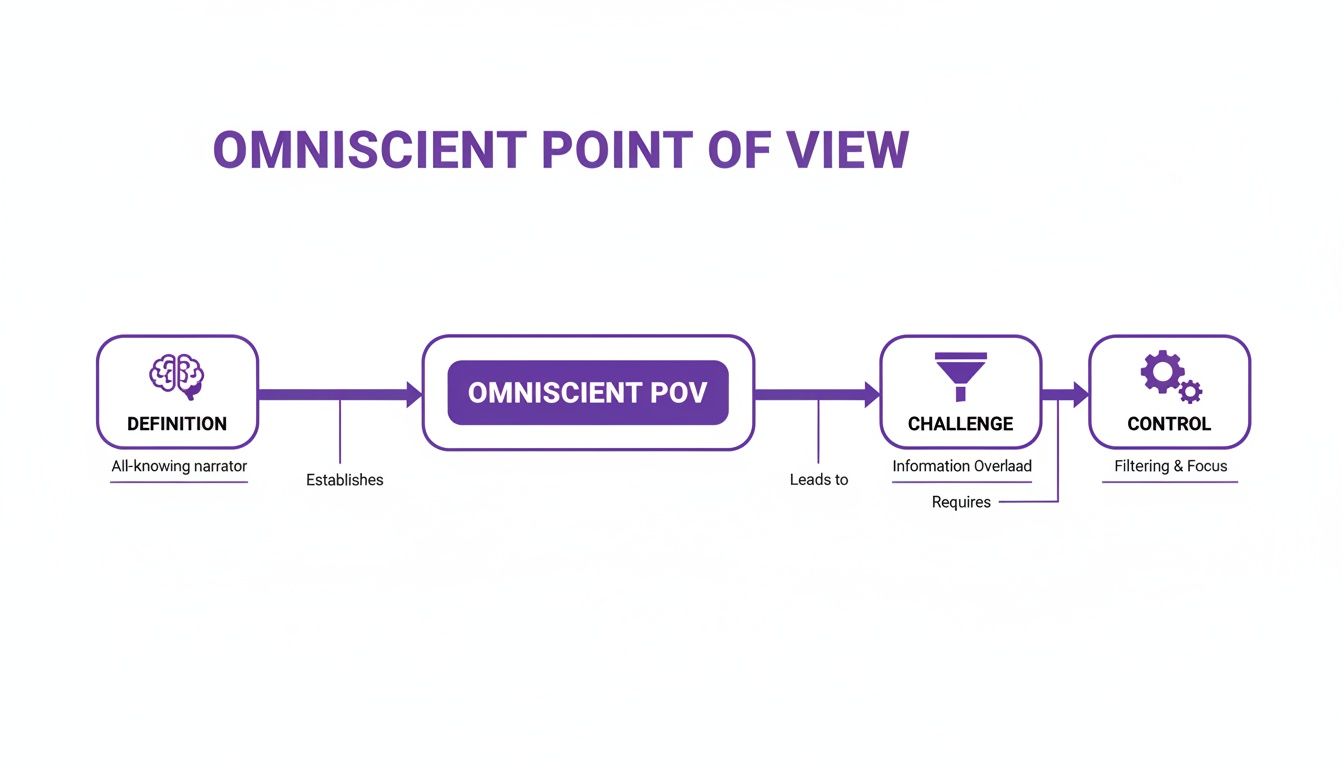 Flowchart explaining omniscient point of view, its definition, challenges with information overload, and control strategies.