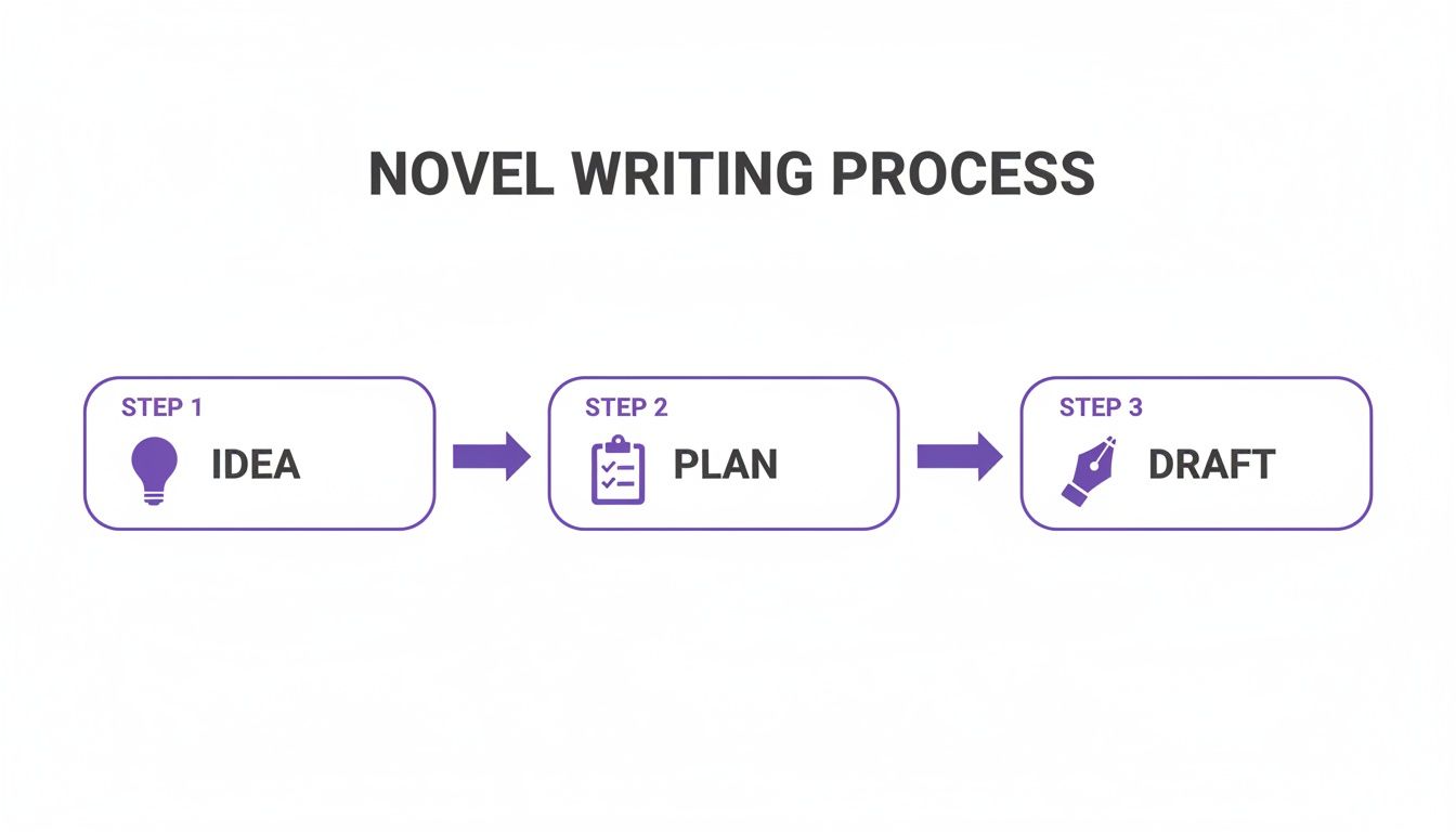 A flowchart illustrates the three steps of the novel writing process: Idea, Plan, and Draft.