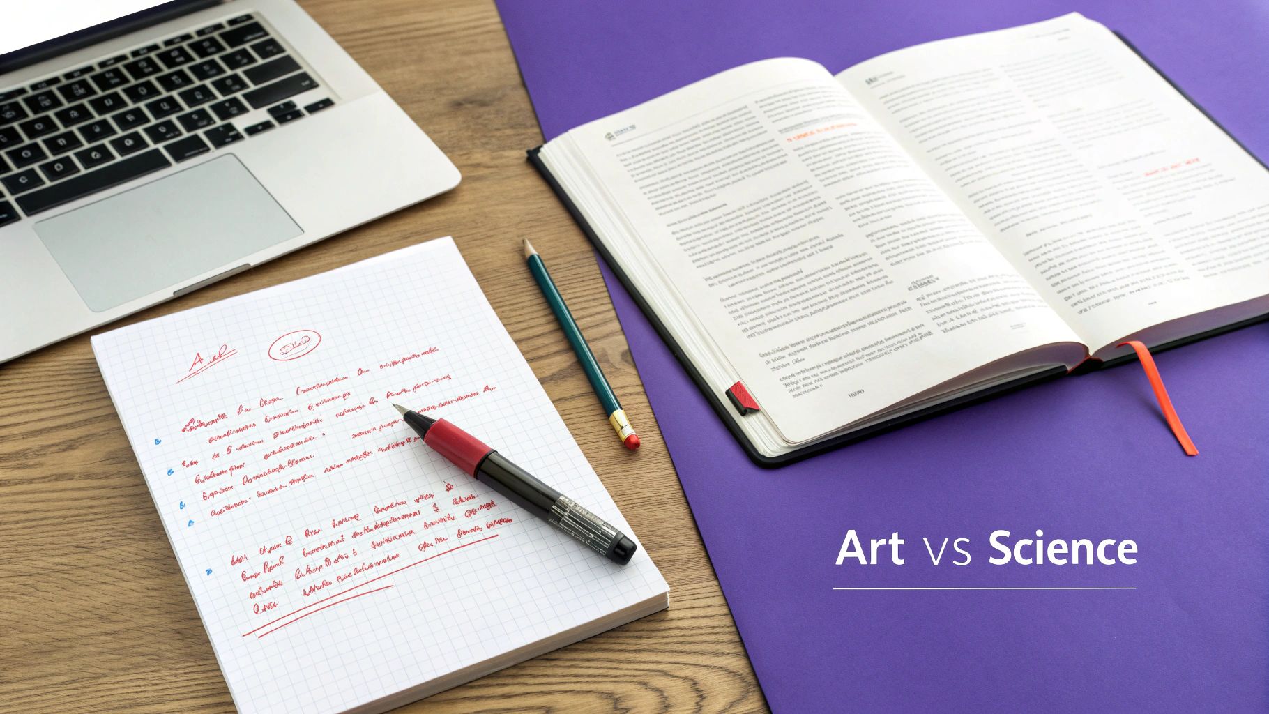 Overhead view of a desk with a laptop, handwritten notes, an open book, symbolizing art vs science.