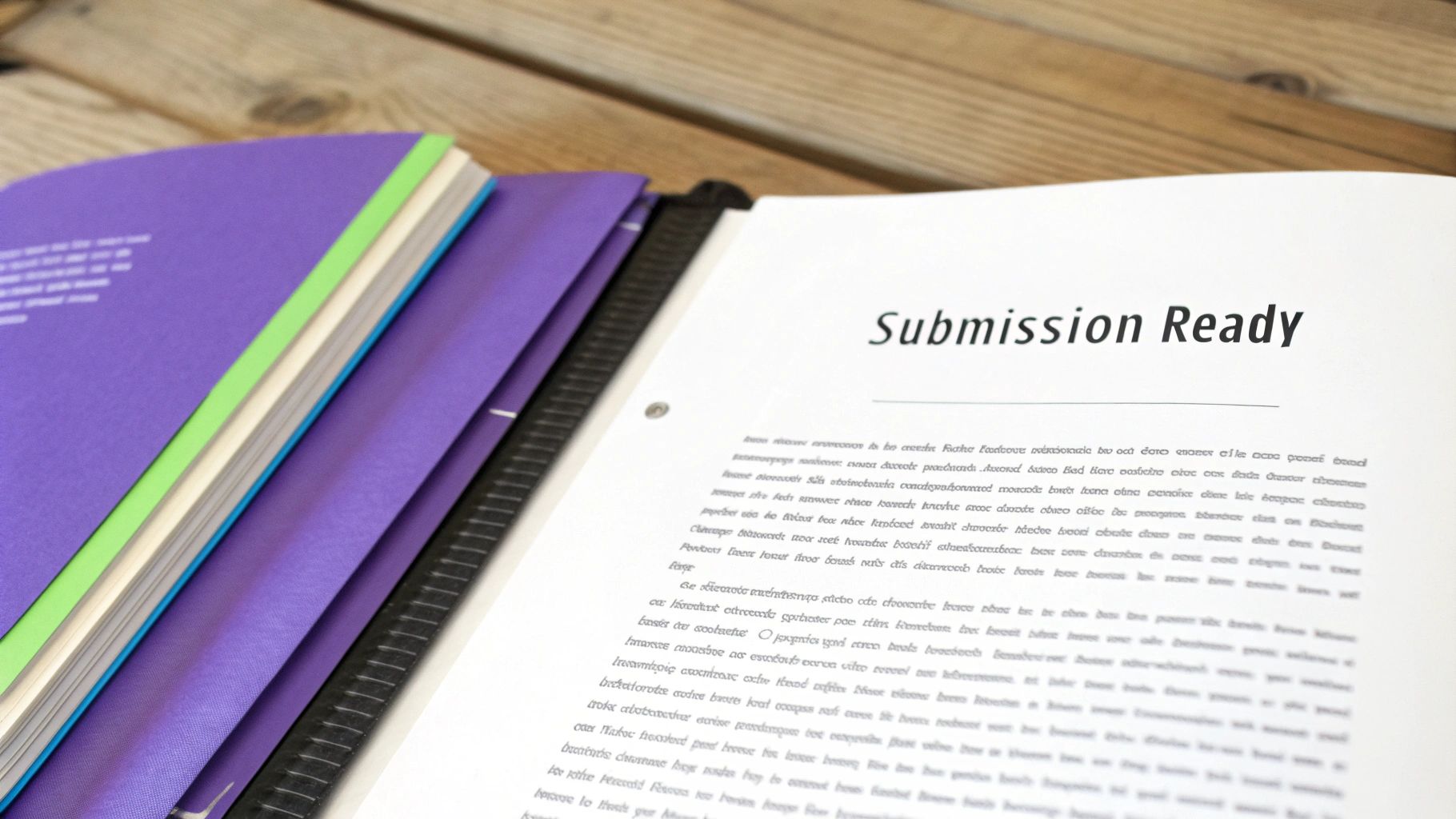 An open binder on a wooden table displays a document titled 'Submission Ready'.