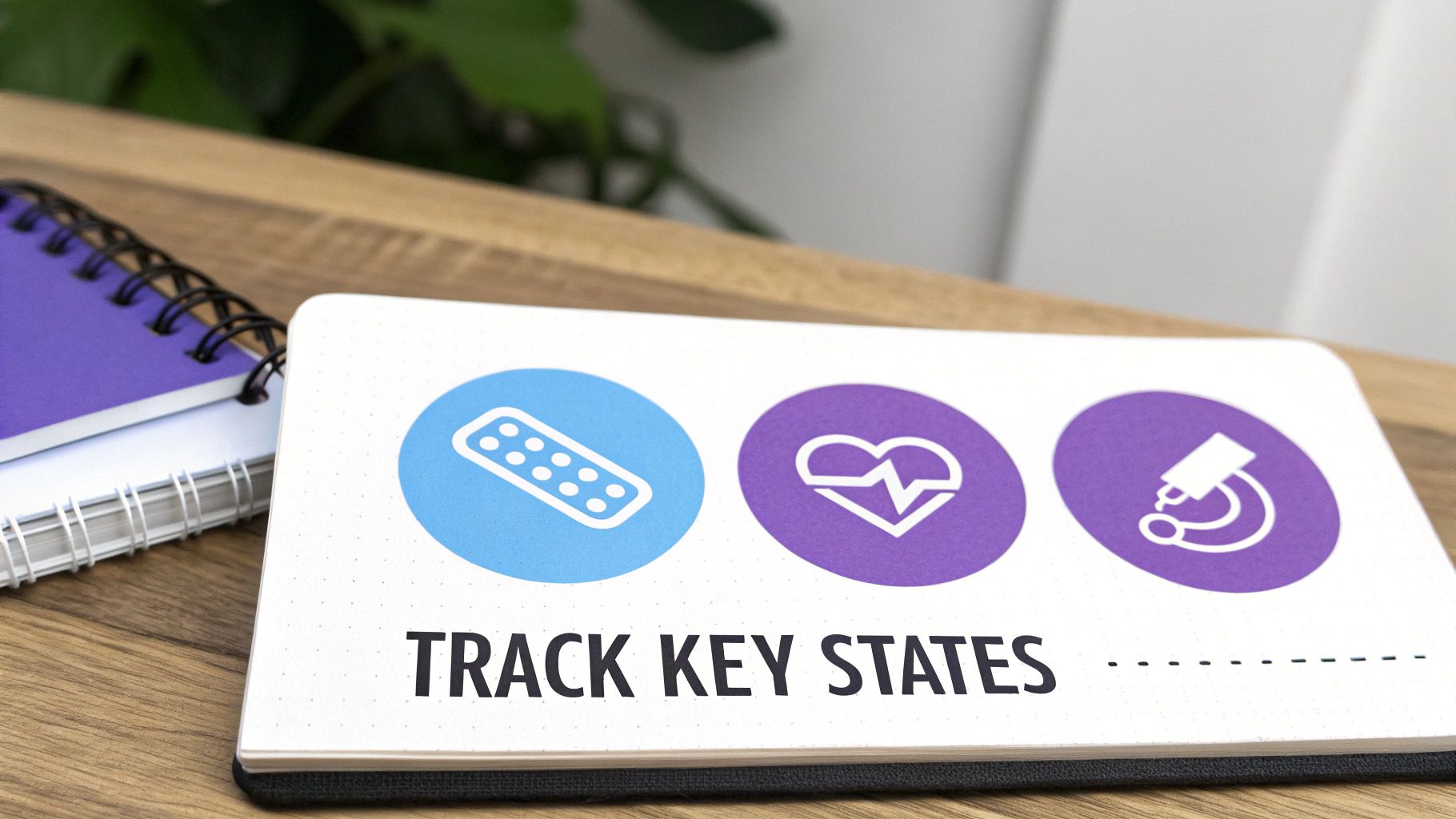 A notebook with icons for tracking health: pills, heartbeat, and a microscope, with 'TRACK KEY STATES' text.